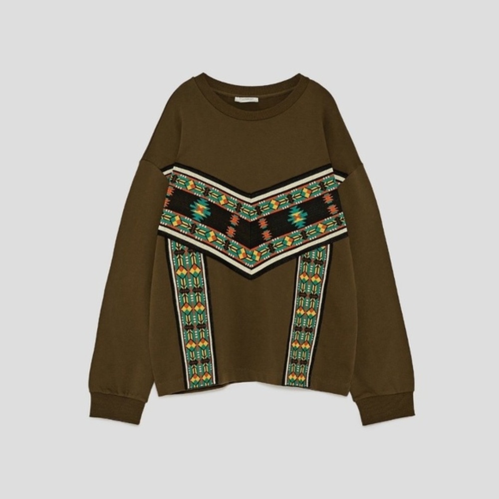 Zara Embroidered Ethnic Khaki Aztec Sweatshirt Top - Picture 2 of 3